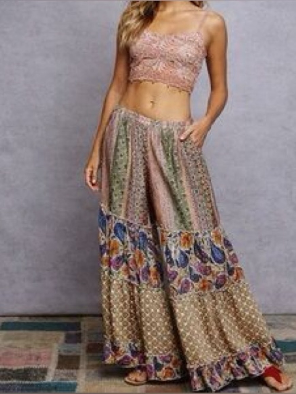 New POL Boho Hippie Colorful Print Patchwork Wide Leg Palazzo Pull On Pants